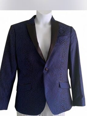 jf j.ferrar Men's Navy Snakeskin Patterned Blazer Black Satin Lapel size 36S